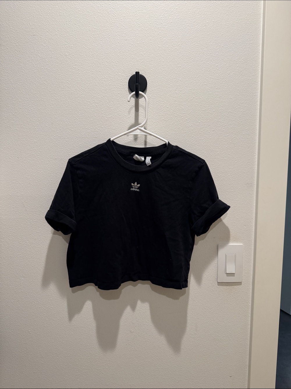 adidas Black Cropped Tee with Small White Trefoil
